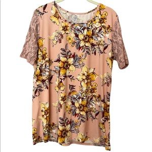 Piphany Tunic Length Floral Top with Lace - Size Medium